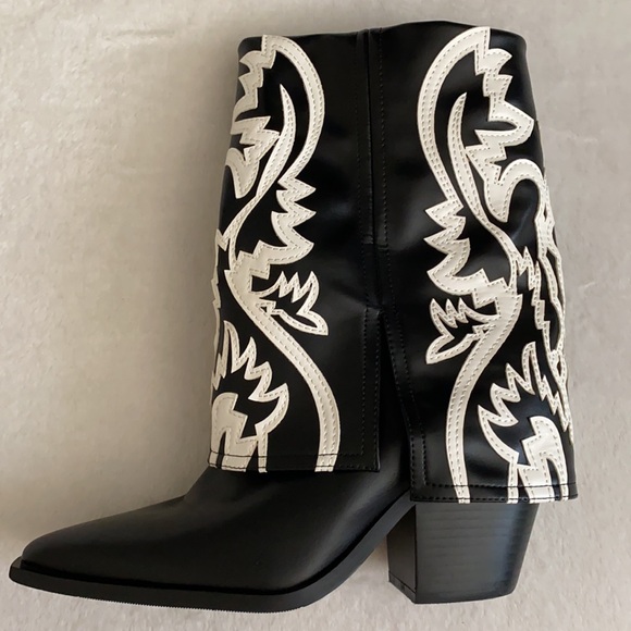 Azalea Wang | Esperanza Faux Leather Fold Over Cowboy Boot Booties Black/White 9 - Picture 9 of 16